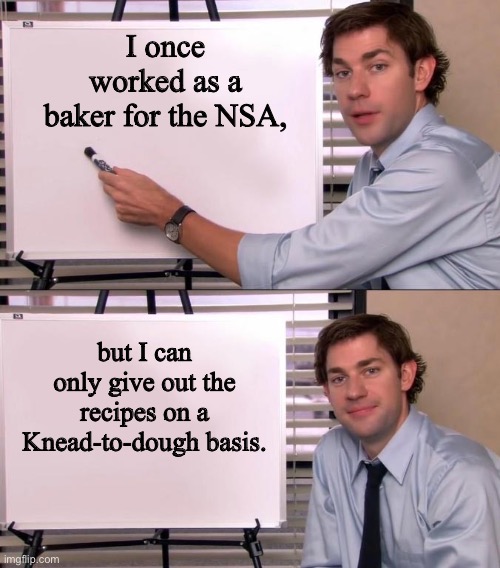 No Such Agency | I once worked as a baker for the NSA, but I can only give out the recipes on a Knead-to-dough basis. | image tagged in jim halpert explains | made w/ Imgflip meme maker