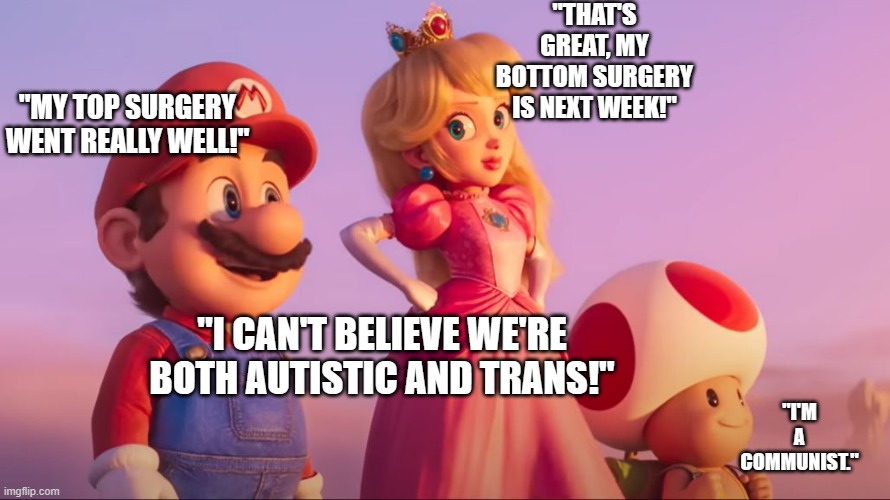 Peach, Mario and Toad from The Super Mario Bros Movie | "THAT'S GREAT, MY BOTTOM SURGERY IS NEXT WEEK!"; "MY TOP SURGERY WENT REALLY WELL!"; "I CAN'T BELIEVE WE'RE BOTH AUTISTIC AND TRANS!"; "I'M A COMMUNIST." | image tagged in super mario bros | made w/ Imgflip meme maker