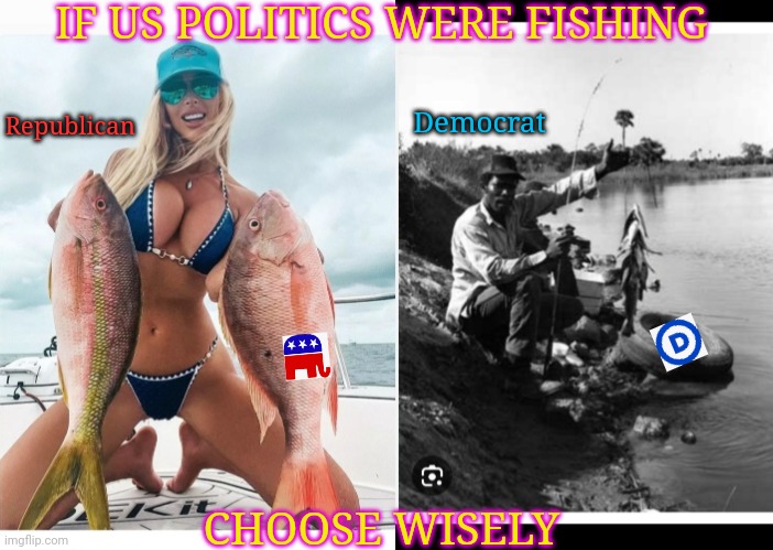 Visual Aids Are Helpful.  Let's Review: | IF US POLITICS WERE FISHING; Republican; Democrat; CHOOSE WISELY | image tagged in stop,big brother,crush,cultural marxism,vote,president trump | made w/ Imgflip meme maker