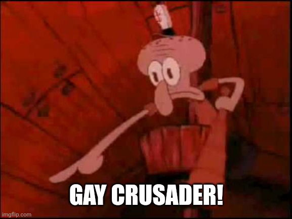 Squidward pointing | GAY CRUSADER! | image tagged in squidward pointing | made w/ Imgflip meme maker