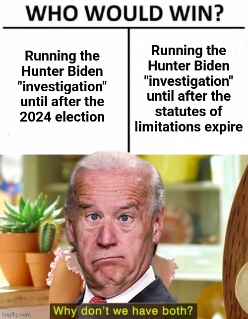 The Biden Crime Syndicate running the federal government | Running the
Hunter Biden
"investigation"
until after the
statutes of
limitations expire; Running the
Hunter Biden
"investigation"
until after the
2024 election | image tagged in memes,who would win,why don't we have both,joe biden,hunter biden,democrats | made w/ Imgflip meme maker
