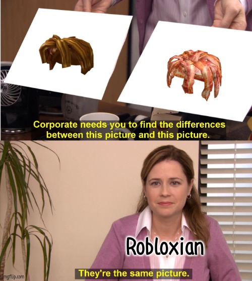 The one on the right is bacon hair, and the one on the left is... Bacon hair. | Robloxian | image tagged in memes,they're the same picture | made w/ Imgflip meme maker