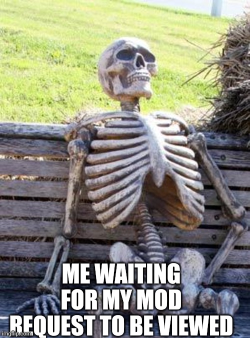 Waiting Skeleton | ME WAITING FOR MY MOD REQUEST TO BE VIEWED | image tagged in memes,waiting skeleton | made w/ Imgflip meme maker