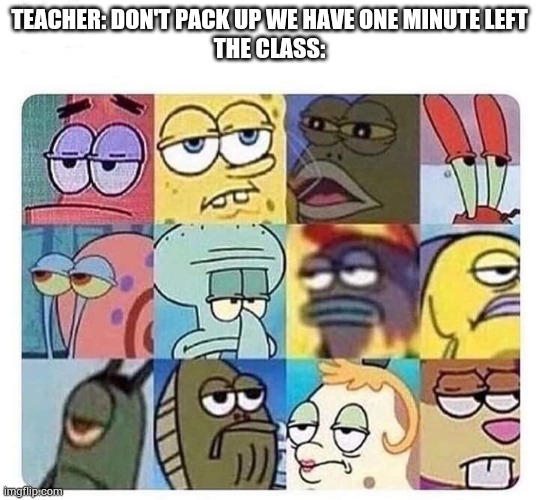 Annoyed spongebob | TEACHER: DON'T PACK UP WE HAVE ONE MINUTE LEFT
THE CLASS: | image tagged in annoyed spongebob | made w/ Imgflip meme maker