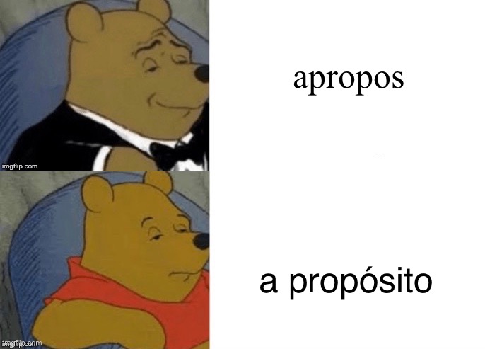 one person's trash is another person's treasure | apropos; a propósito | image tagged in tuxedo winnie the pooh reversed,spanish,english | made w/ Imgflip meme maker