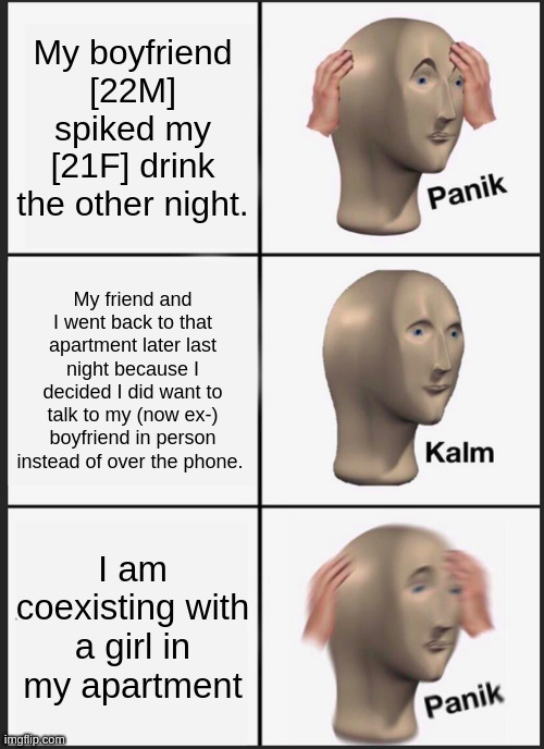 My boyfriend | My boyfriend [22M] spiked my [21F] drink the other night. My friend and I went back to that apartment later last night because I decided I did want to talk to my (now ex-) boyfriend in person instead of over the phone. I am coexisting with a girl in my apartment | image tagged in memes,panik kalm panik | made w/ Imgflip meme maker