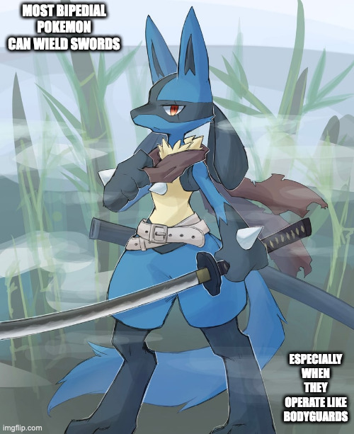 Lucario With Katana | MOST BIPEDIAL POKEMON CAN WIELD SWORDS; ESPECIALLY WHEN THEY OPERATE LIKE BODYGUARDS | image tagged in lucario,pokemon,weapons,memes | made w/ Imgflip meme maker