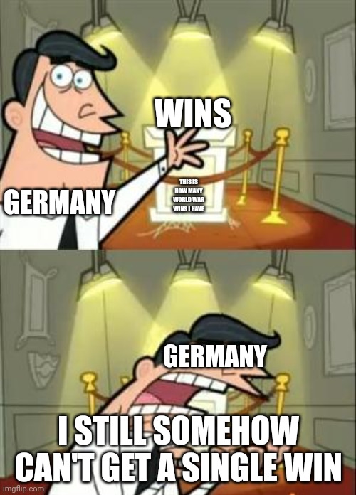 This Is Where I'd Put My Trophy If I Had One Meme | WINS; THIS IS HOW MANY WORLD WAR WINS I HAVE; GERMANY; GERMANY; I STILL SOMEHOW CAN'T GET A SINGLE WIN | image tagged in memes,this is where i'd put my trophy if i had one | made w/ Imgflip meme maker