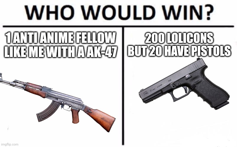 You know darn well the answer | 1 ANTI ANIME FELLOW LIKE ME WITH A AK-47; 200 LOLICONS BUT 20 HAVE PISTOLS | image tagged in memes,who would win,funny,anti anime,w so big | made w/ Imgflip meme maker