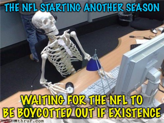 The unhinged Right keeps saying they'll boycott the NFL out of existence | THE NFL STARTING ANOTHER SEASON; WAITING FOR THE NFL TO BE BOYCOTTED OUT IF EXISTENCE | image tagged in waiting skeleton | made w/ Imgflip meme maker