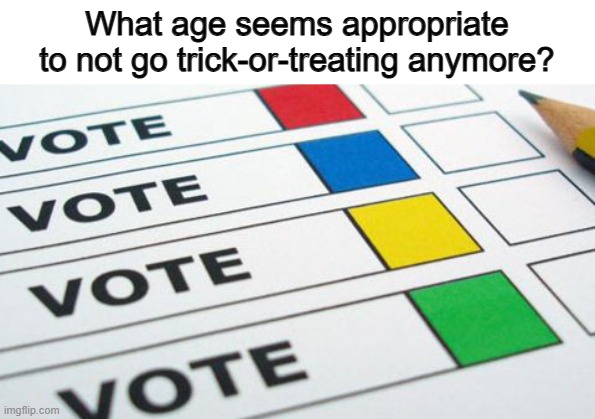 :1 | What age seems appropriate to not go trick-or-treating anymore? | image tagged in political poll | made w/ Imgflip meme maker