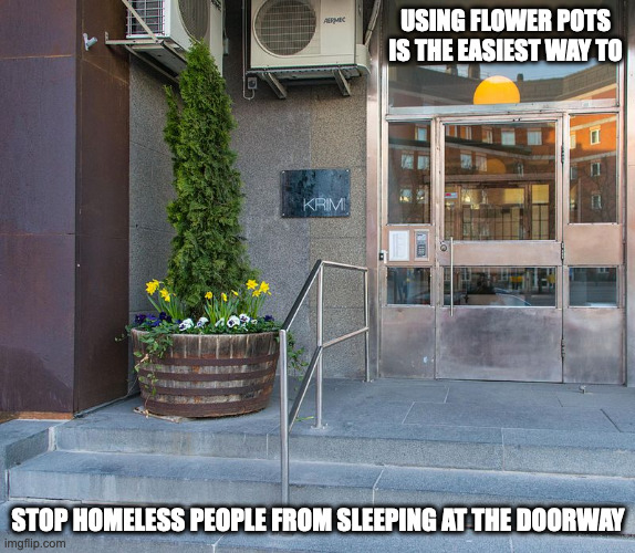 Flowerpot By the Entrance | USING FLOWER POTS IS THE EASIEST WAY TO; STOP HOMELESS PEOPLE FROM SLEEPING AT THE DOORWAY | image tagged in flowerpot,memes | made w/ Imgflip meme maker