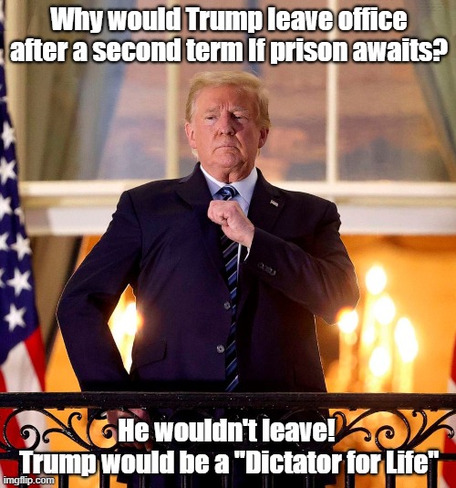 Dictator! | Why would Trump leave office after a second term If prison awaits? He wouldn't leave!
 Trump would be a "Dictator for Life" | image tagged in donald trump,dictator,election 2024 | made w/ Imgflip meme maker