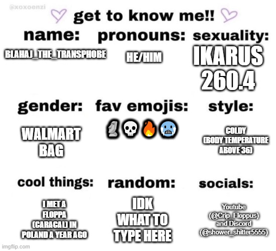 get to know me | IKARUS 260.4; BLAHAJ_THE_TRANSPHOBE; HE/HIM; 🗿💀🔥🥶; COLDY (BODY TEMPERATURE ABOVE 36); WALMART BAG; I MET A FLOPPA (CARACAL) IN POLAND A YEAR AGO; IDK WHAT TO TYPE HERE; Youtube (@Crip_Floppus) and Discord (@shower_shitter5555) | image tagged in get to know me | made w/ Imgflip meme maker