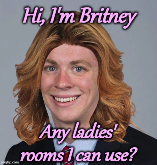 "What? I've served my time and now I want to stick it .... to the cis-normative patriarchy" | Hi, I'm Britney; Any ladies' rooms I can use? | image tagged in identity politics | made w/ Imgflip meme maker