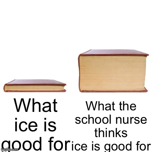 Ice | What ice is good for; What the school nurse thinks ice is good for | image tagged in small big book,ice,school | made w/ Imgflip meme maker