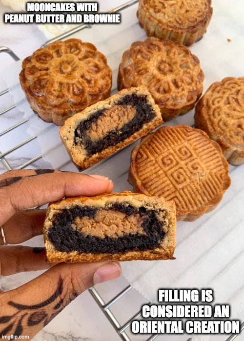 Homemade Mooncakes | MOONCAKES WITH PEANUT BUTTER AND BROWNIE; FILLING IS CONSIDERED AN ORIENTAL CREATION | image tagged in mooncake,food,memes | made w/ Imgflip meme maker