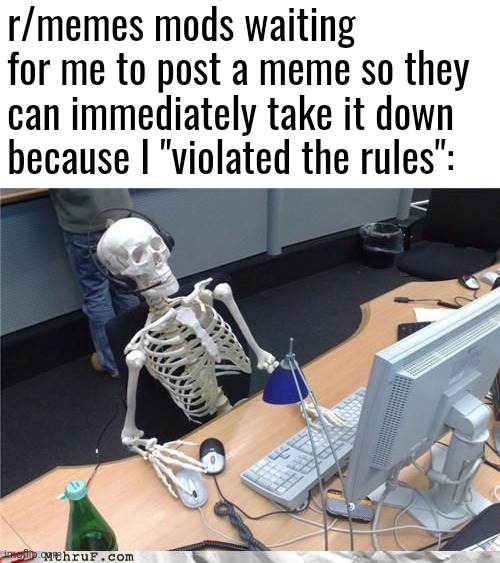 Do you really think I would violate rules? | r/memes mods waiting for me to post a meme so they can immediately take it down because I "violated the rules": | image tagged in skeleton computer,memes | made w/ Imgflip meme maker