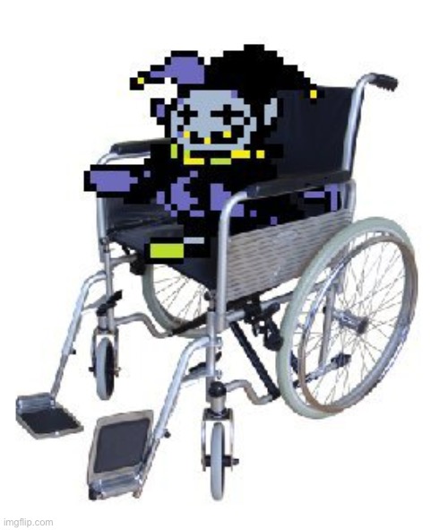 Jevil in a wheelchair | image tagged in jevil in a wheelchair | made w/ Imgflip meme maker