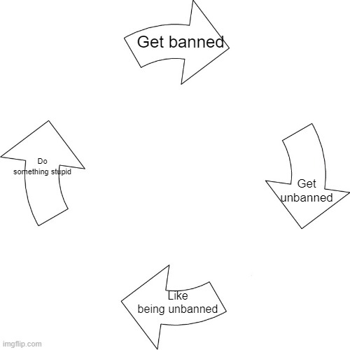 Vicious cycle | Get banned; Do something stupid; Get unbanned; Like being unbanned | image tagged in vicious cycle | made w/ Imgflip meme maker