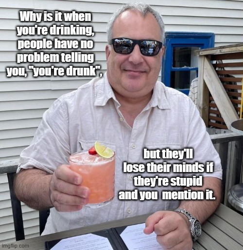 Stupid | Why is it when you're drinking, people have no problem telling you, "you're drunk", but they'll lose their minds if they're stupid and you  mention it. | image tagged in drunk,stupid,tell me,dumbass,funny | made w/ Imgflip meme maker