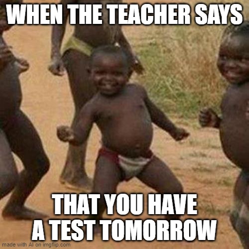 AI WAT DO YOU MEAN? | WHEN THE TEACHER SAYS; THAT YOU HAVE A TEST TOMORROW | image tagged in memes,third world success kid | made w/ Imgflip meme maker