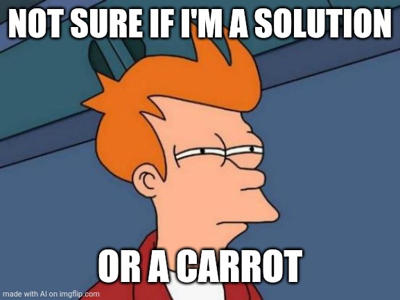 fry is so unsure | NOT SURE IF I'M A SOLUTION; OR A CARROT | image tagged in memes,futurama fry | made w/ Imgflip meme maker