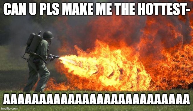 flamethrower | CAN U PLS MAKE ME THE HOTTEST- AAAAAAAAAAAAAAAAAAAAAAAAAA | image tagged in flamethrower | made w/ Imgflip meme maker