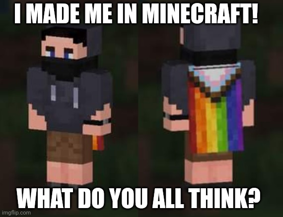 I MADE ME IN MINECRAFT! WHAT DO YOU ALL THINK? | image tagged in minecraft,skins,gaming,pride,lgbtq,nintendo switch | made w/ Imgflip meme maker