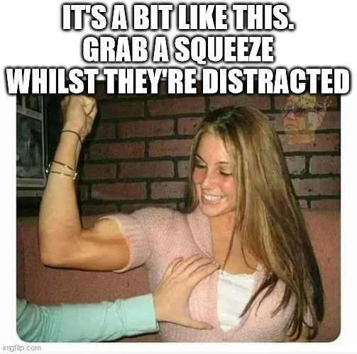 Man Touching Woman's Breast | IT'S A BIT LIKE THIS.
GRAB A SQUEEZE WHILST THEY'RE DISTRACTED | image tagged in man touching woman's breast | made w/ Imgflip meme maker