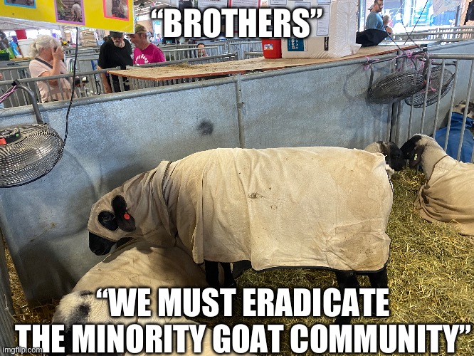 Bro is part of the ggg ? | “BROTHERS”; “WE MUST ERADICATE THE MINORITY GOAT COMMUNITY” | made w/ Imgflip meme maker