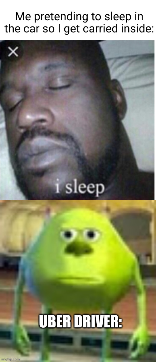kinda based but SO RELATABLE | Me pretending to sleep in the car so I get carried inside:; UBER DRIVER: | image tagged in sully wazowski,uber,sleeping,uh oh,funny,sleeping shaq | made w/ Imgflip meme maker