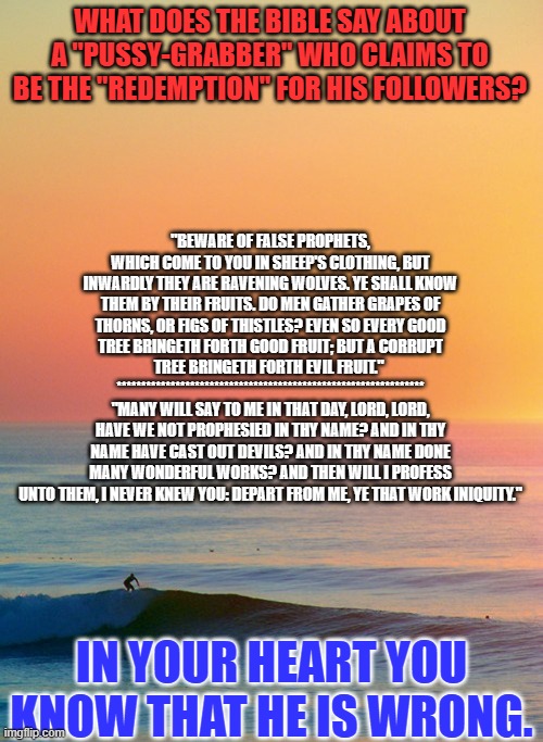 Don't take my word for it. Read your Bible. Ask your Preacher or Priest. | WHAT DOES THE BIBLE SAY ABOUT A "PUSSY-GRABBER" WHO CLAIMS TO BE THE "REDEMPTION" FOR HIS FOLLOWERS? "BEWARE OF FALSE PROPHETS, WHICH COME TO YOU IN SHEEP'S CLOTHING, BUT INWARDLY THEY ARE RAVENING WOLVES. YE SHALL KNOW THEM BY THEIR FRUITS. DO MEN GATHER GRAPES OF THORNS, OR FIGS OF THISTLES? EVEN SO EVERY GOOD TREE BRINGETH FORTH GOOD FRUIT; BUT A CORRUPT TREE BRINGETH FORTH EVIL FRUIT." 
***************************************************************
"MANY WILL SAY TO ME IN THAT DAY, LORD, LORD, HAVE WE NOT PROPHESIED IN THY NAME? AND IN THY NAME HAVE CAST OUT DEVILS? AND IN THY NAME DONE MANY WONDERFUL WORKS? AND THEN WILL I PROFESS UNTO THEM, I NEVER KNEW YOU: DEPART FROM ME, YE THAT WORK INIQUITY."; IN YOUR HEART YOU KNOW THAT HE IS WRONG. | image tagged in sunset inspire | made w/ Imgflip meme maker