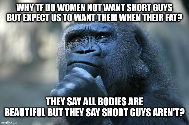 women just confusing us on purpose | WHY TF DO WOMEN NOT WANT SHORT GUYS BUT EXPECT US TO WANT THEM WHEN THEIR FAT? THEY SAY ALL BODIES ARE BEAUTIFUL BUT THEY SAY SHORT GUYS AREN'T? | image tagged in deep thoughts,women,so true,interesting,whyyy,idiots | made w/ Imgflip meme maker