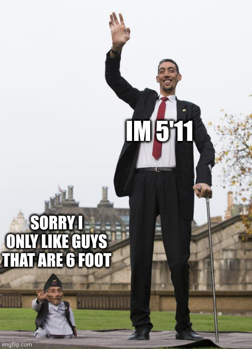Short woman vs. Tall man | SORRY I ONLY LIKE GUYS THAT ARE 6 FOOT IM 5'11 | image tagged in short woman vs tall man | made w/ Imgflip meme maker
