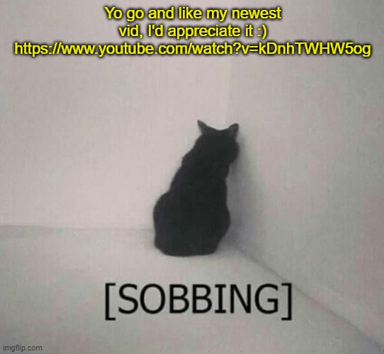 https://www.youtube.com/watch?v=kDnhTWHW5og | Yo go and like my newest vid, I'd appreciate it :)
https://www.youtube.com/watch?v=kDnhTWHW5og | image tagged in sobbing cat | made w/ Imgflip meme maker