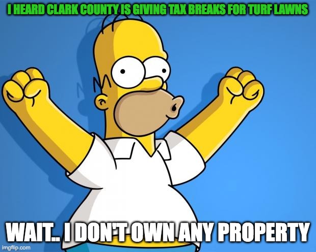 County turf tax break | I HEARD CLARK COUNTY IS GIVING TAX BREAKS FOR TURF LAWNS; WAIT.. I DON'T OWN ANY PROPERTY | image tagged in woohoo homer simpson | made w/ Imgflip meme maker