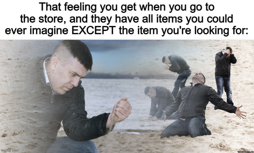 This is me looking for card games :< | That feeling you get when you go to the store, and they have all items you could ever imagine EXCEPT the item you're looking for: | image tagged in guy with sand in the hands of despair | made w/ Imgflip meme maker