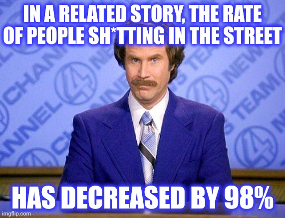 anchorman news update | IN A RELATED STORY, THE RATE
OF PEOPLE SH*TTING IN THE STREET HAS DECREASED BY 98% | image tagged in anchorman news update | made w/ Imgflip meme maker