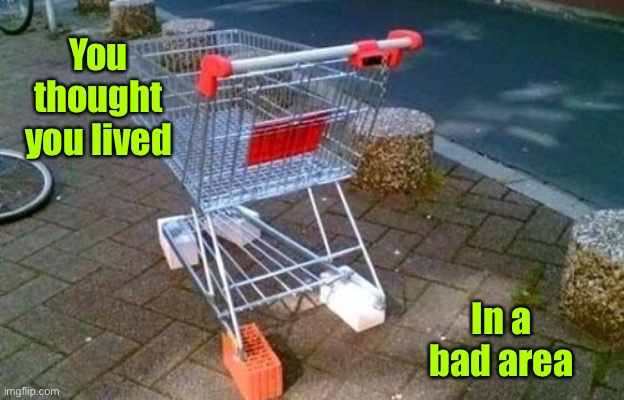 Steal wheels | You thought you lived; In a bad area | image tagged in bad area,steal wheels,of shop trolleys | made w/ Imgflip meme maker