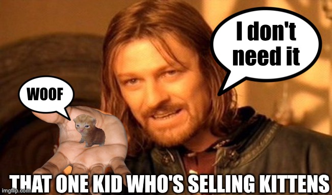 Lies | I don't
need it; WOOF; THAT ONE KID WHO'S SELLING KITTENS | image tagged in memes,one does not simply,kittens,oh wow are you actually reading these tags,omg,amazing | made w/ Imgflip meme maker