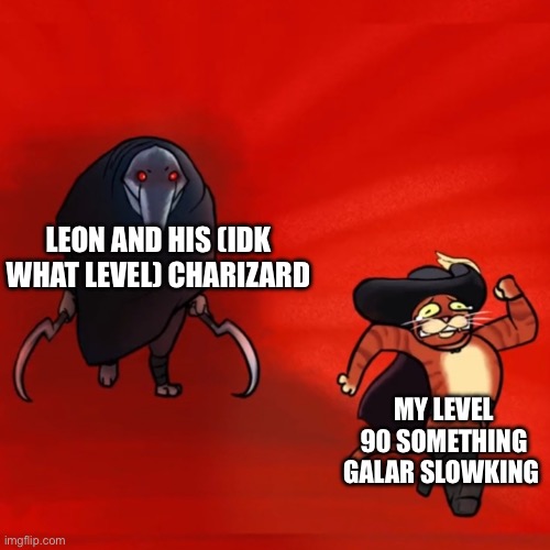 Based on true events | LEON AND HIS (IDK WHAT LEVEL) CHARIZARD; MY LEVEL 90 SOMETHING GALAR SLOWKING | image tagged in puss running from death | made w/ Imgflip meme maker