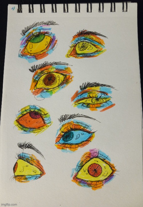 i saw this trend on pintrest and had to do it (drawing eyes with highlighters) | image tagged in school supplies,eyes,drawings,drawing,pen | made w/ Imgflip meme maker
