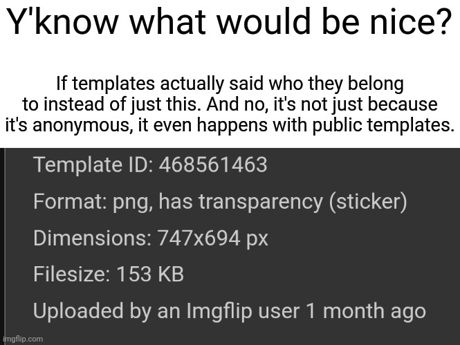 Y'know what would be nice? If templates actually said who they belong to instead of just this. And no, it's not just because it's anonymous, it even happens with public templates. | made w/ Imgflip meme maker