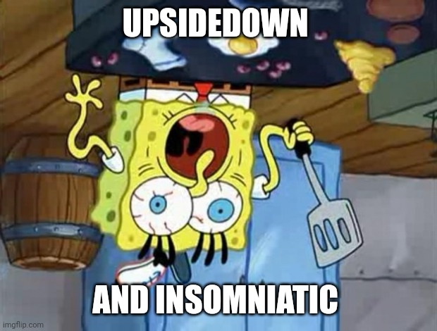 Upsidedown and insomniatic | UPSIDEDOWN; AND INSOMNIATIC | image tagged in crazy spongebob,insomnia,upsidedown | made w/ Imgflip meme maker