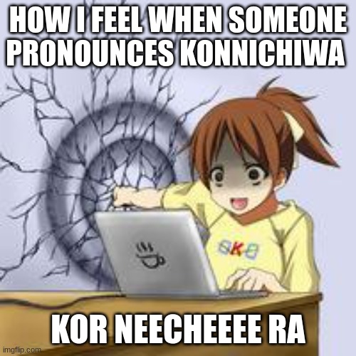 why do they do this?? | HOW I FEEL WHEN SOMEONE PRONOUNCES KONNICHIWA; KOR NEECHEEEE RA | image tagged in anime wall punch | made w/ Imgflip meme maker
