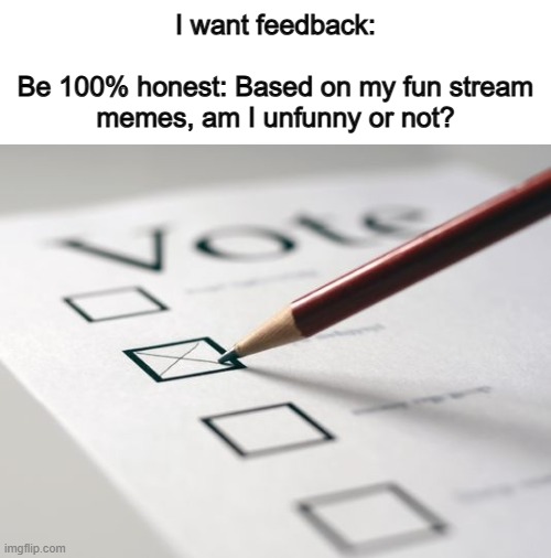 I need honesty... | I want feedback:
 
Be 100% honest: Based on my fun stream memes, am I unfunny or not? | image tagged in voting ballot | made w/ Imgflip meme maker