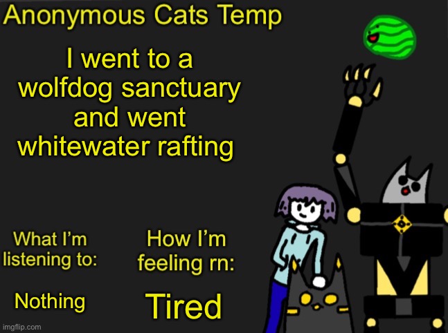 Which is why I was gone (nugg note: cool) | I went to a wolfdog sanctuary and went whitewater rafting; Tired; Nothing | image tagged in anonymous cats newest temp | made w/ Imgflip meme maker