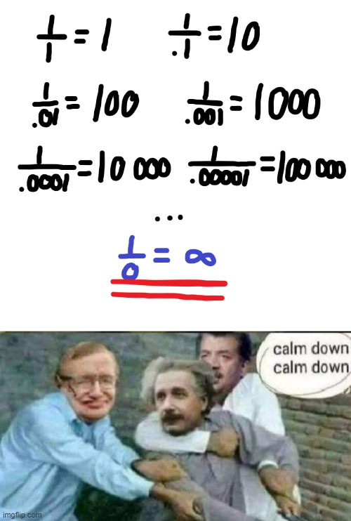 1 divided by 0 be like... | image tagged in calm down albert einstein,maths | made w/ Imgflip meme maker