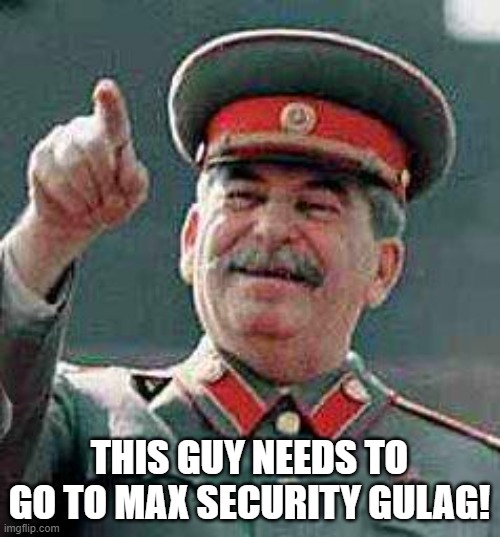 Stalin says | THIS GUY NEEDS TO GO TO MAX SECURITY GULAG! | image tagged in stalin says | made w/ Imgflip meme maker